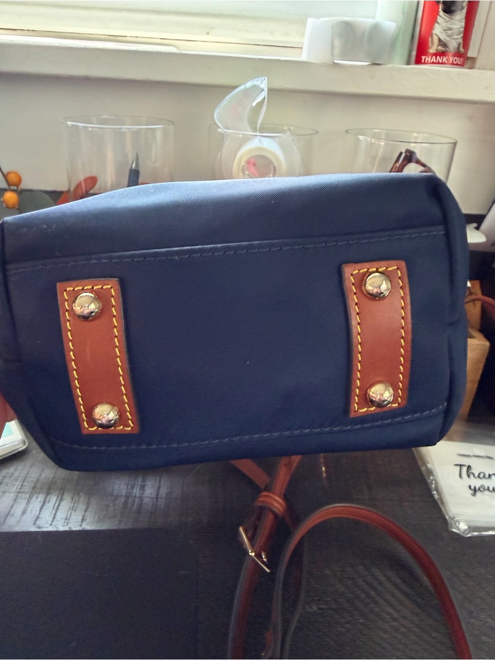 Dooney & Bourke Navy Crossbody with Brown Leather Trim and Red Accent - Picture 9 of 14
